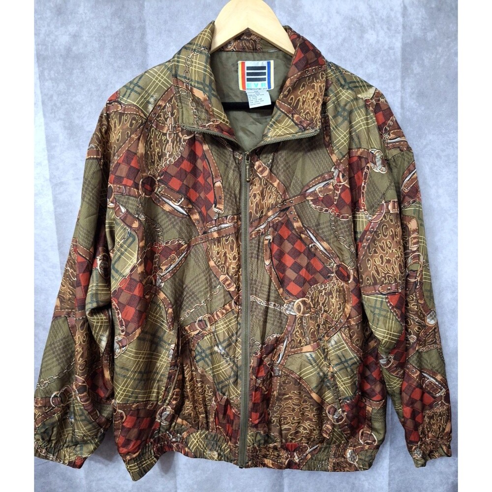 Vintage 100% Silk Equestrian Bomber Jacket Womens Size Large Full Zip Y2K Casual